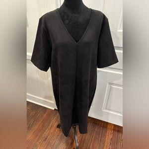 Spanx Faux Suede Column Shift V Neck Dress Women’s Sz 1x Black NWT